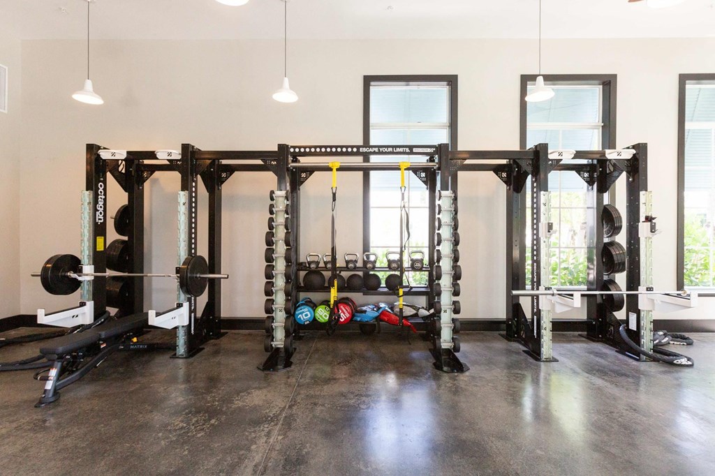a home gym with weights and racks on the wall