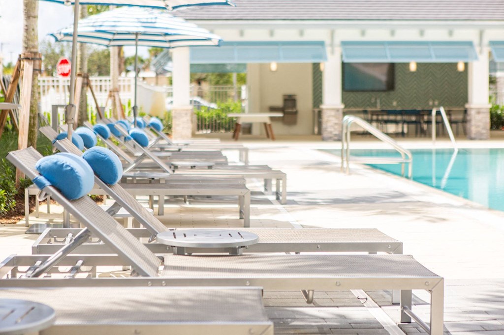 a row of beach chairs and umbrellas near a swimming pool