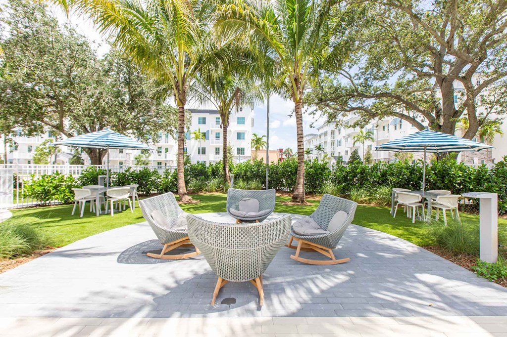 a patio with chairs and umbrellas and trees