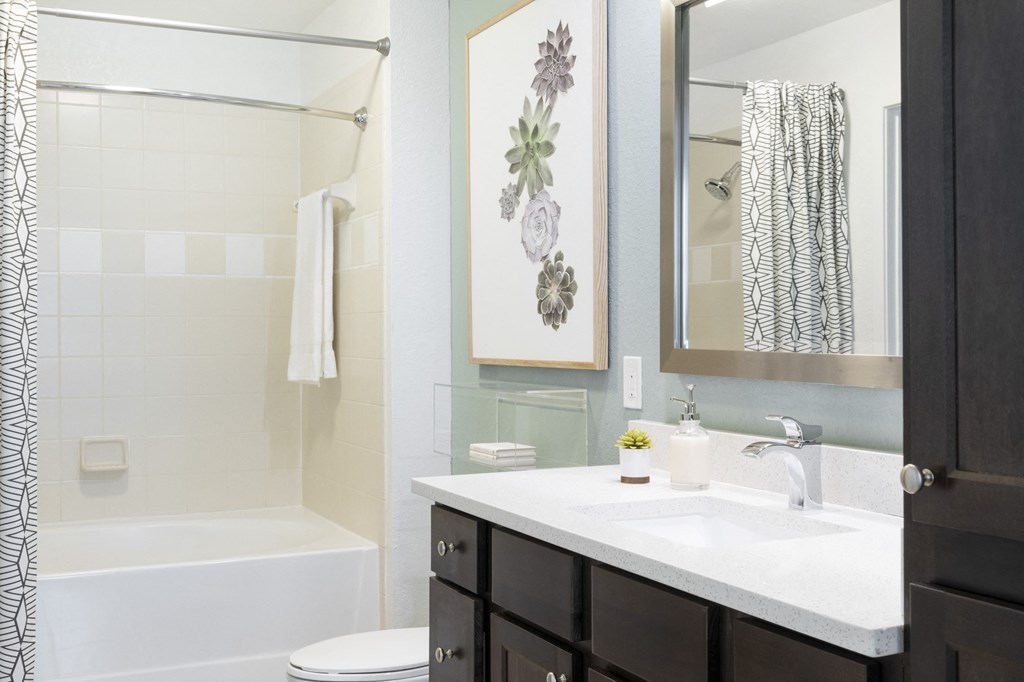 a bathroom with a sink and a shower and a mirror