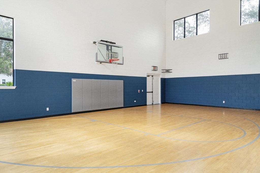 the gym with a basketball hoop and a wood floor