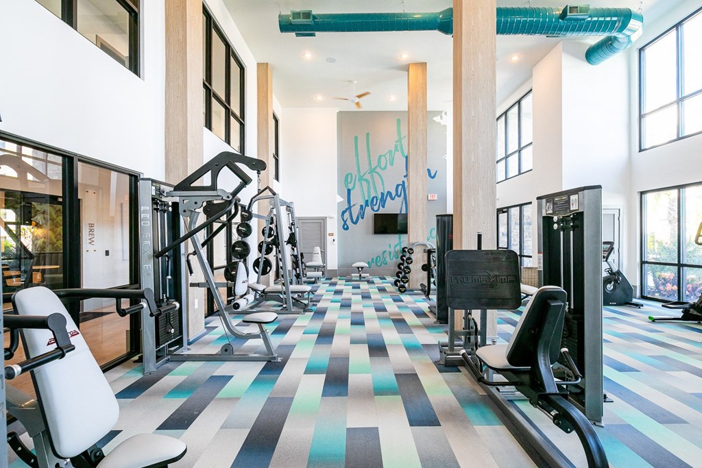 a gym with cardio machines and weights on a checkered floor