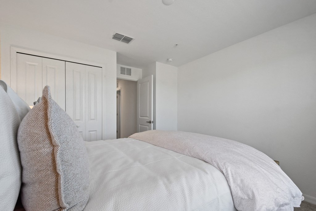 the master bedroom has a large bed with white linen and pillows and a closet