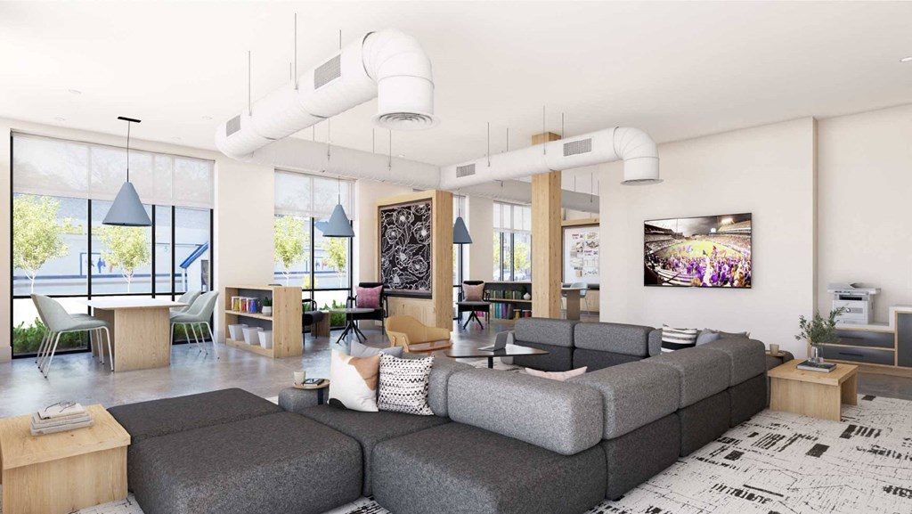 a rendering of a living room with a large gray couch