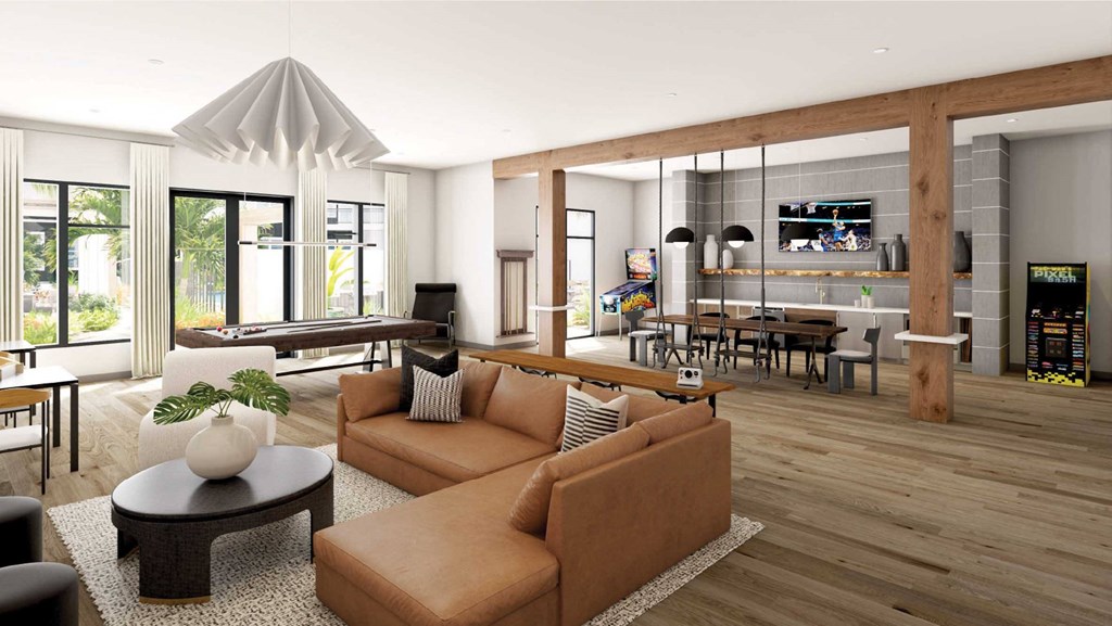 a rendering of a living room with white walls and wood floors