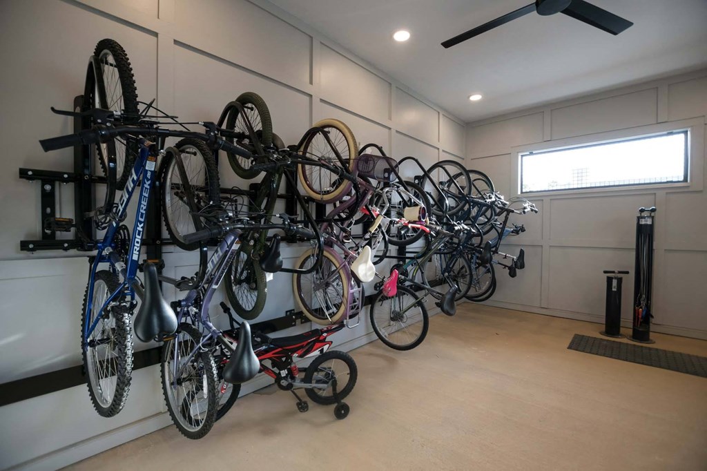 our bikes are hanging on the wall in our garage