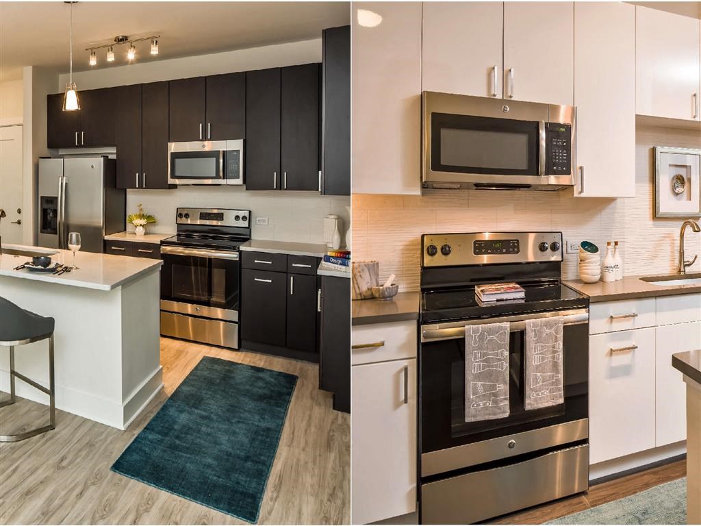 two pictures of a kitchen with stainless steel appliances and black and white cabinets