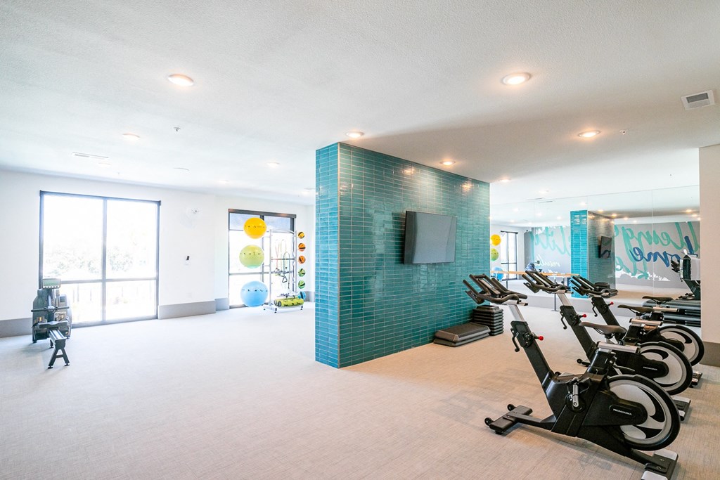 a gym with cardio machines and a television on the wall