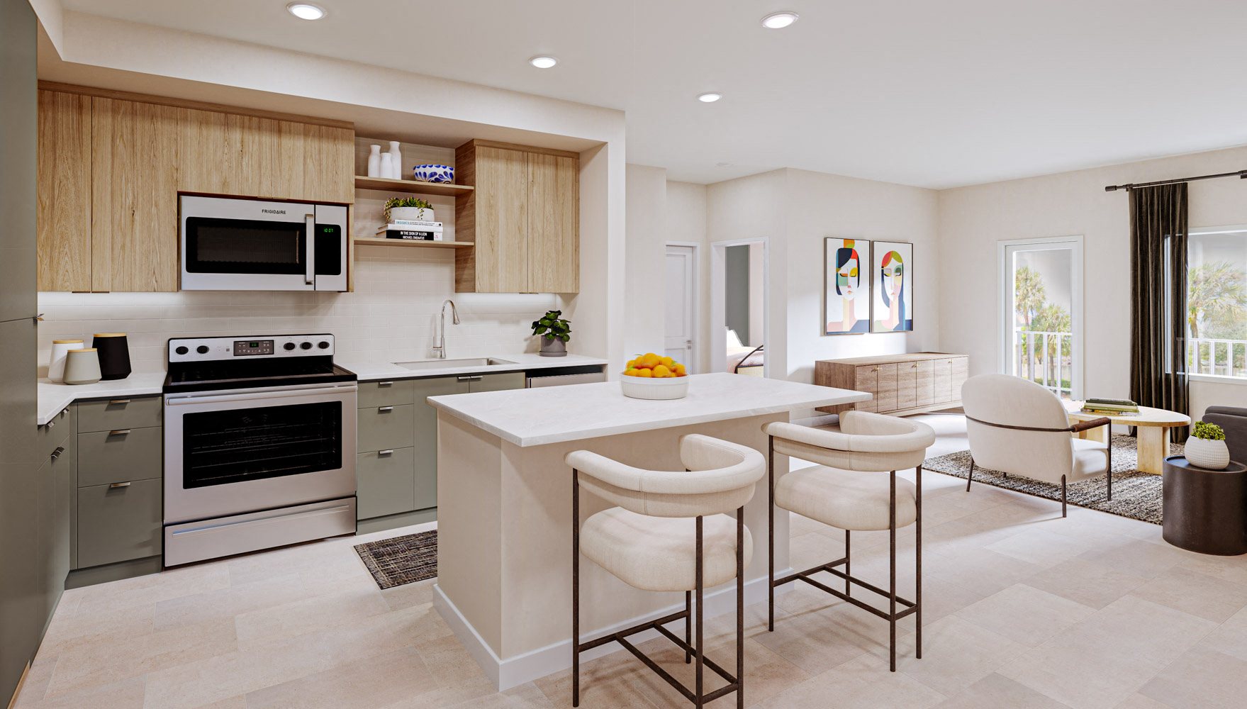 a kitchen and living room with a table and chairs