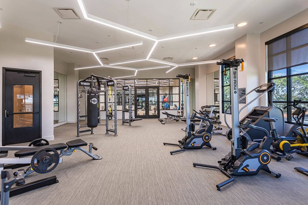 a gym with cardio machines and weights in a building with windowsat Sterling Nashville West Apartments, Nashville, Tennessee