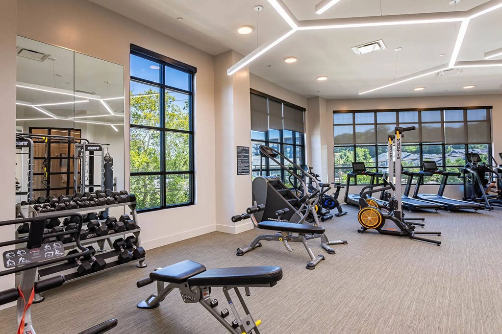 a gym with weights and other exercise equipment and windowsat Sterling Nashville West Apartments, Nashville, TN