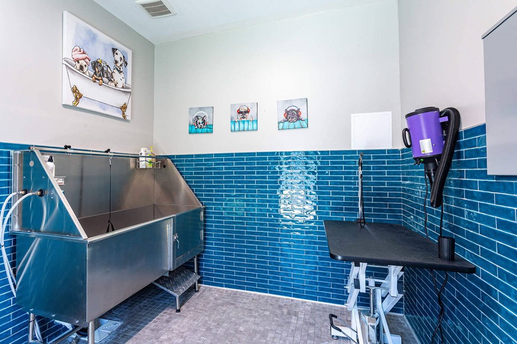 a kitchen with blue tiles and a sink and a coffee maker at Sterling Nashville West Apartments, Nashville, TN, 37209