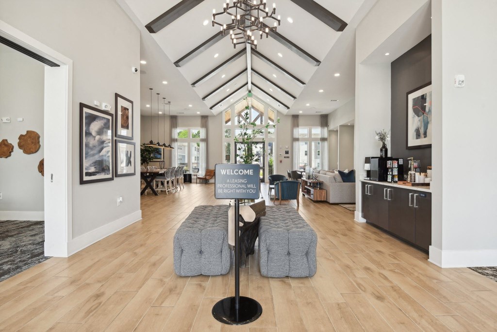 a living room with couches and a table and a chandelier