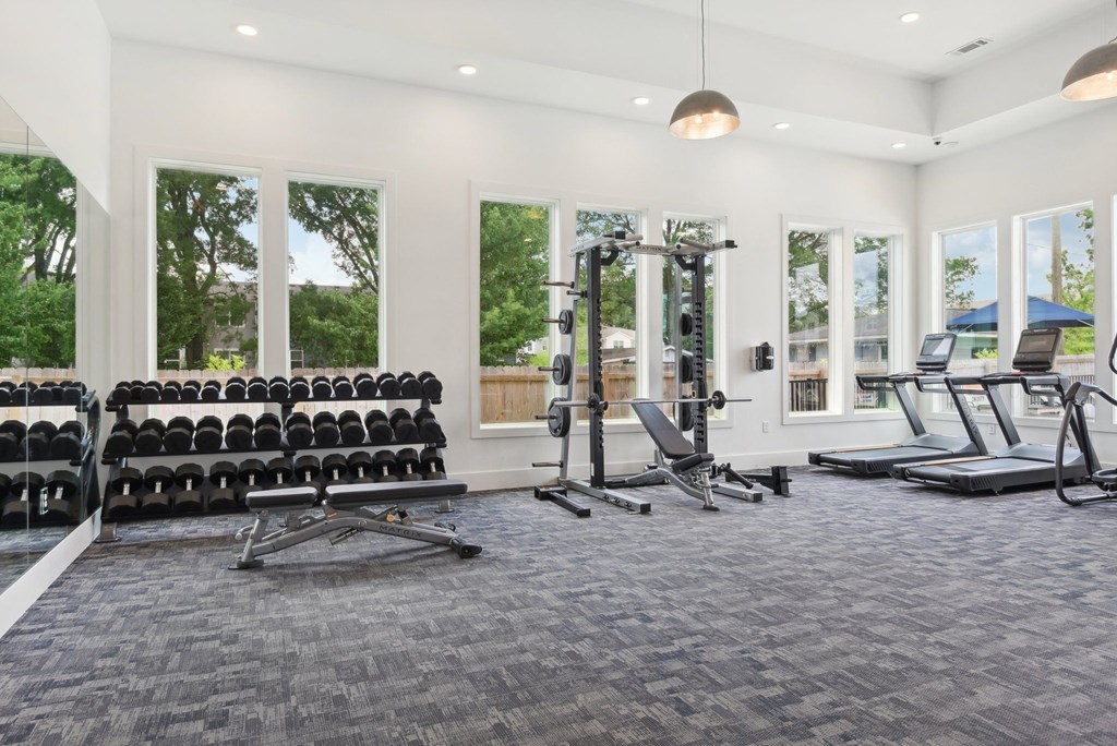 the gym has plenty of chairs and treadmills and windows