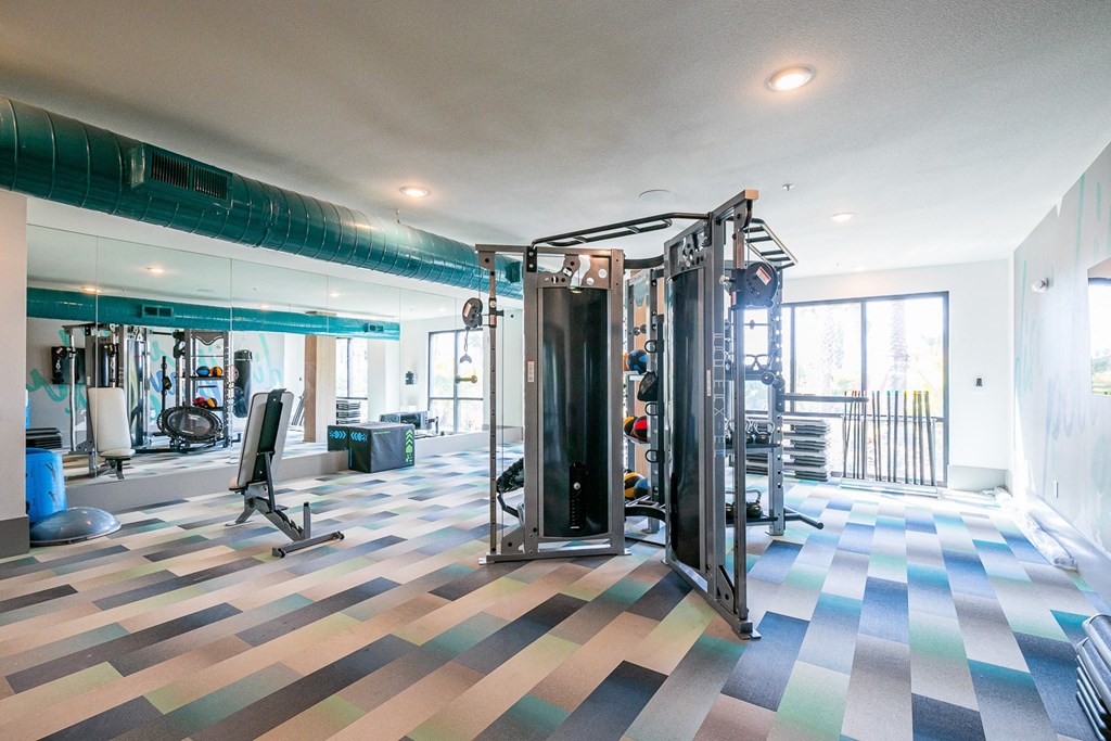 the home gym has a large glass door and plenty of exercise equipment