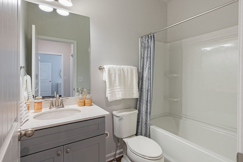 a bathroom with a sink toilet and shower and a mirror