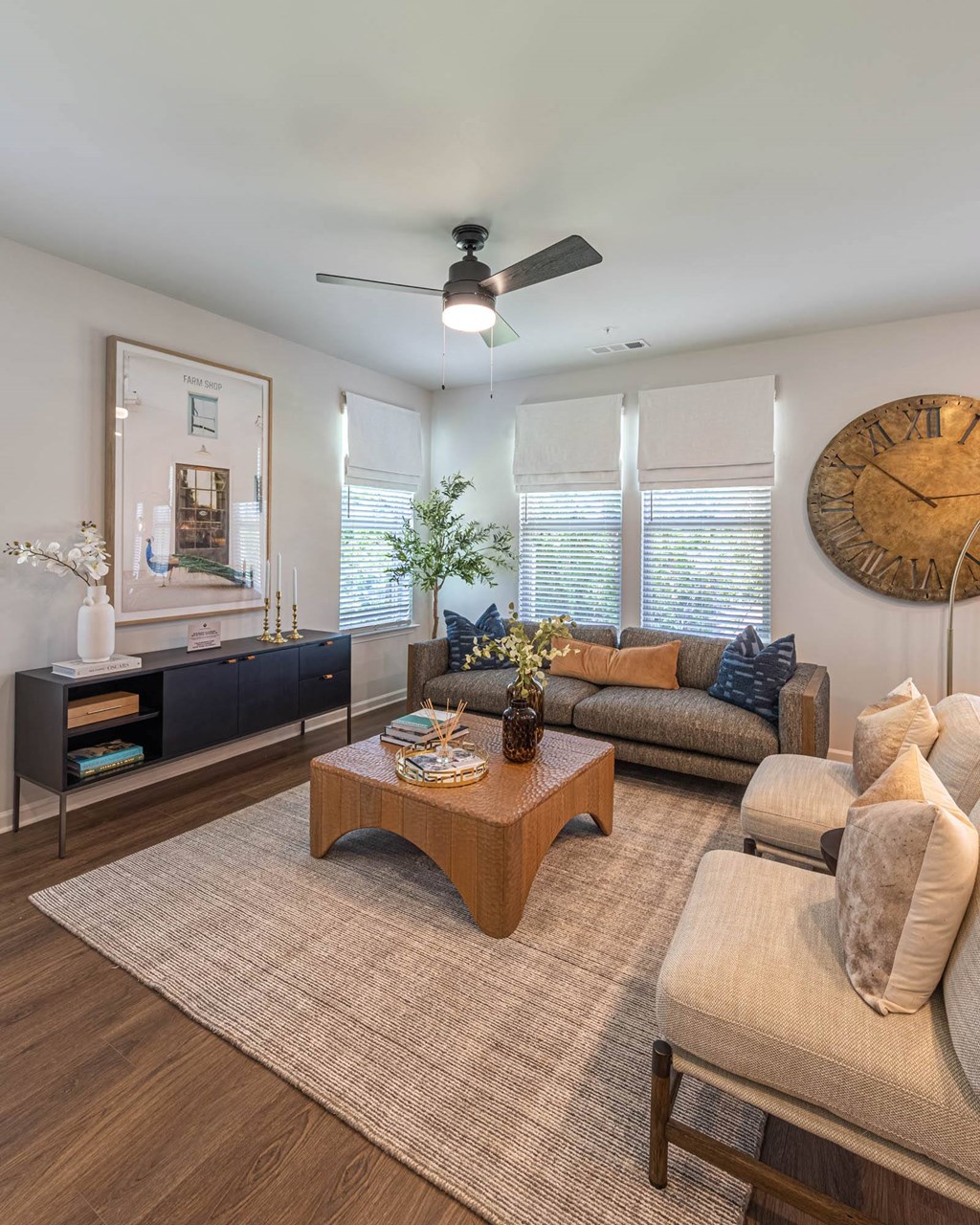 a living room with a couch and a table