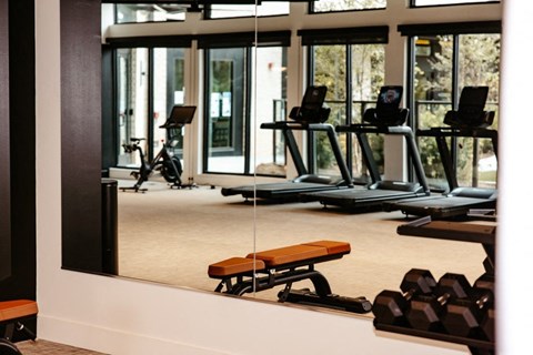 a mirror in a gym with weights and exercise equipment