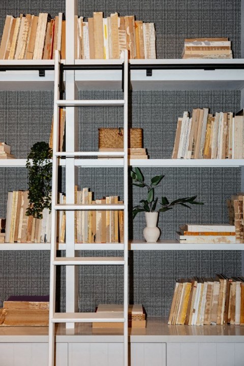 a book shelf filled with books and a plant