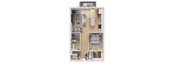 A 3D floor plan of a small apartment with a kitchen, living room, and bedroom.