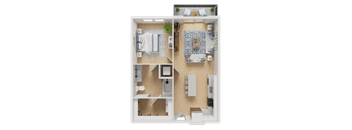 A 3D floor plan of a small apartment with a bedroom, living room, and kitchen.