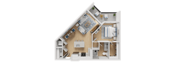 A detailed 3D model of a house layout with a kitchen, living room, and bathroom.