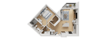 A top-down view of a house layout with a kitchen, living room, and bedrooms.