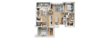 A detailed 3D floor plan of a house showing all rooms and furniture.