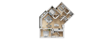 A detailed 3D floor plan of a house showing all rooms and their layouts.