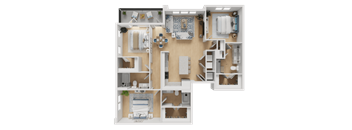 A detailed 3D floor plan of a house layout.