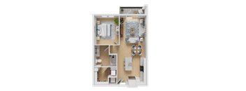 A 3D floor plan of a small apartment with a bedroom, bathroom, and kitchen.
