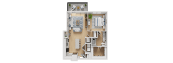 A 3D rendered image of a house layout with a kitchen, living room, and bathroom.