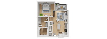 A 3D floor plan of a small apartment with a bedroom, living room, and kitchen.