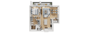 A 3D floor plan of a house showing a kitchen, living room, and bathroom.