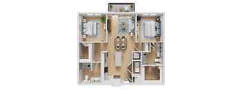 A detailed 3D floor plan of a house layout.