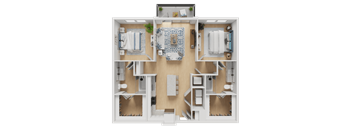A 3D rendered image of a house layout.