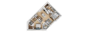 A 3D floor plan of a house showing a kitchen, living room, and two bedrooms.