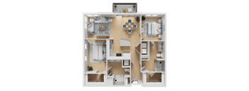 A detailed 3D model of a small apartment layout.