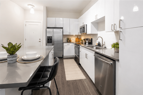 A modern kitchen with a black chair and a plant on the counter.