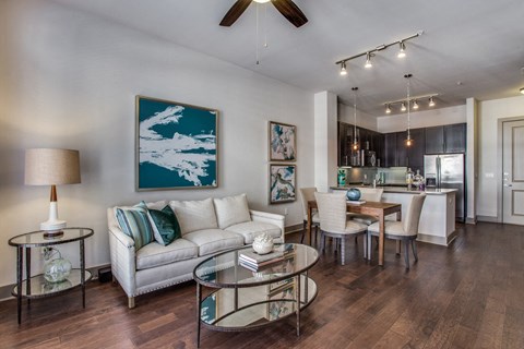 a living room with a couch and a table