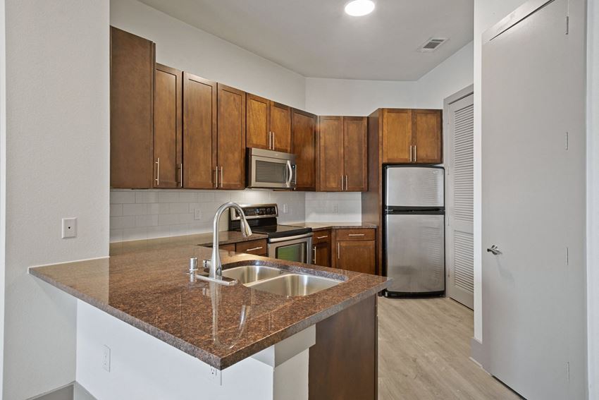 Kitchen Kitchen with a granite counter top and a sink at The Monterey by Windsor, Dallas, Texas