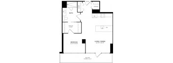 A black and white floor plan of a home with a living room, dining room, bedroom, bathroom, and storage area.