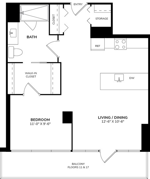 A black and white floor plan of a home with a living room, dining room, bedroom, bathroom, and storage area.