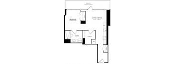 A floor plan of a balcony apartment with a bedroom, living/dining area, bathroom, storage, and a reference area.