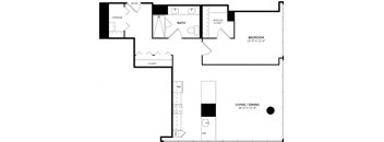 A floor plan of a home with a living room, dining room, bedroom, bathroom, and storage.