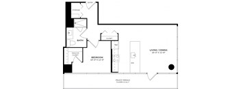 A black and white floor plan of a small apartment with a living room, bedroom, bathroom, and storage area.