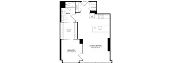 A black and white image of a floor plan for a small apartment.