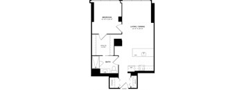 A floor plan of a small apartment with a bedroom, bathroom, living/dining area, and storage closet.