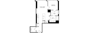 A black and white image of a floor plan for a home with a bedroom, living/dining area, bathroom, and storage.