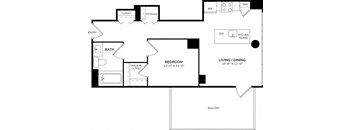A floor plan of a home with a living room, dining room, bedroom, bathroom, and balcony.